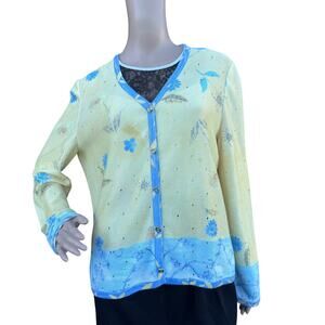 St. John Sport L Cardigan Yellow Blue Floral Pointelle Knit Sweater Top SP 2005